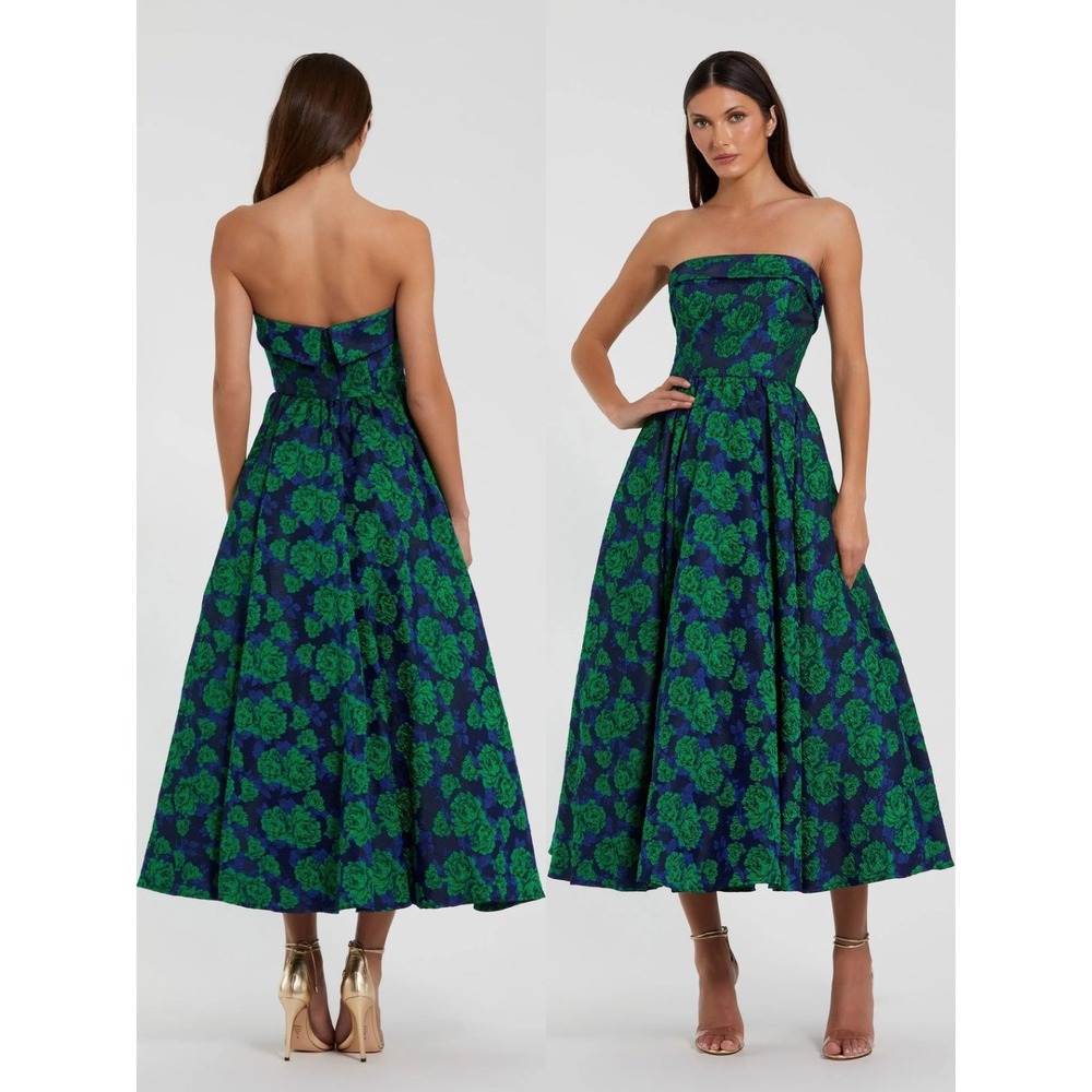 NWT Mac Duggal Blue and Green Brocade Strapless A Line Midi Dress $598 - Size 12